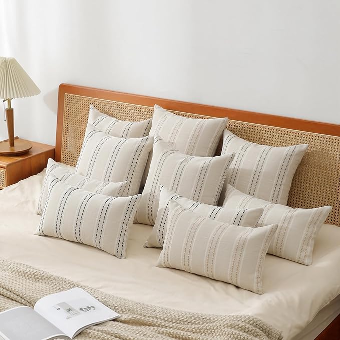 Hckot Throw Pillow Covers 12x20 Set of 2 Striped Pillow Covers Textured Linen Decorative Pillows Lumbar Cushion Covers for Sofa Couch Bed Living Room Farmhouse Decor, Greyish Green