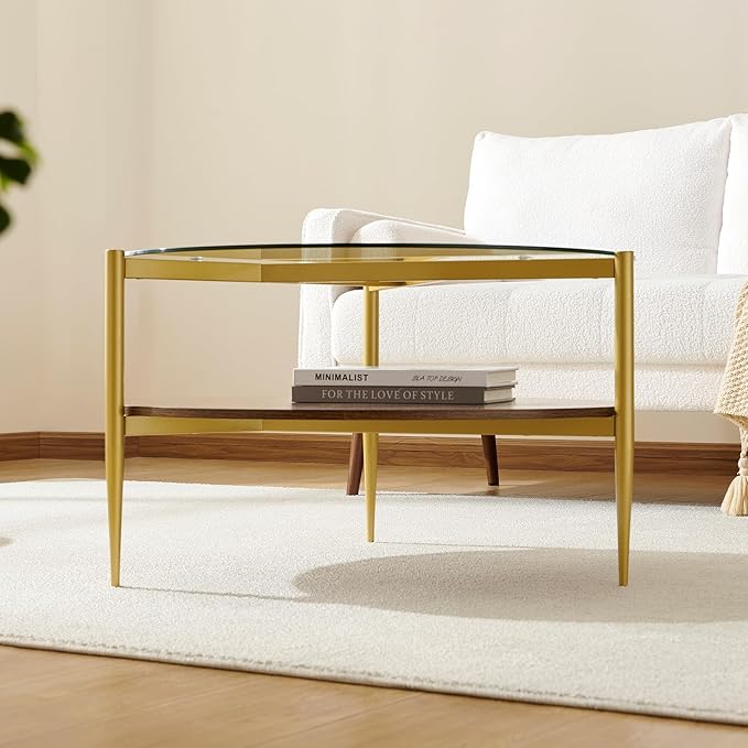 Round Coffee Table, Mid-Century Modern Design, D30*H17 inch, for Living Room, 2-Tier Structure, Clear Glass Top and Walnut MDF Shelf, Sleek Conical Metal Legs with Gold Finish