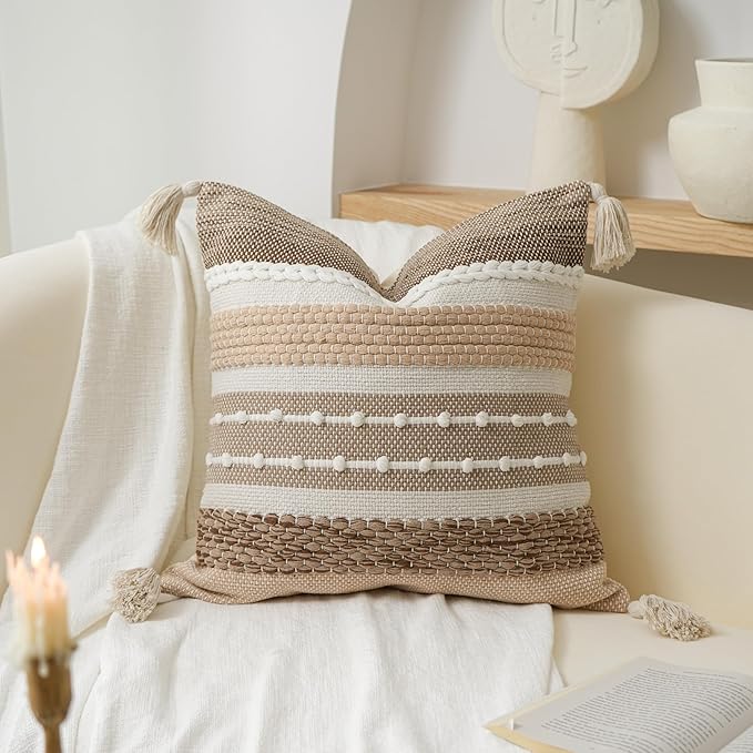 BlissBlush Brown Decorative Throw Pillow Cover 18x18 Square Boho Accent Pillowcase Tassels Farmhouse Cushion for Couch Sofa Bedroom Livingroom Home Décor Cover ONLY (Pack of 1)