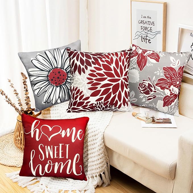 Wine Red Linen Decorative Throw Pillow Covers18x18 Pillow Covers for Couch Sofa Bed Living Room,Set of 4 Boho Pillow Covers Square Outdoor Throw Pillow Cover Cushion Farmhouse Home Decor