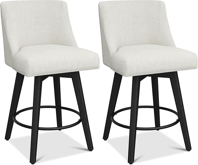 Counter Height Bar Stools Set of 2, Modern Swivel Barstools with Back and Wood Legs, Linen Fabric Upholstered Counter Height Stools, 26" H Kitchen Island Stools, Home Bar, Pub, Ivory
