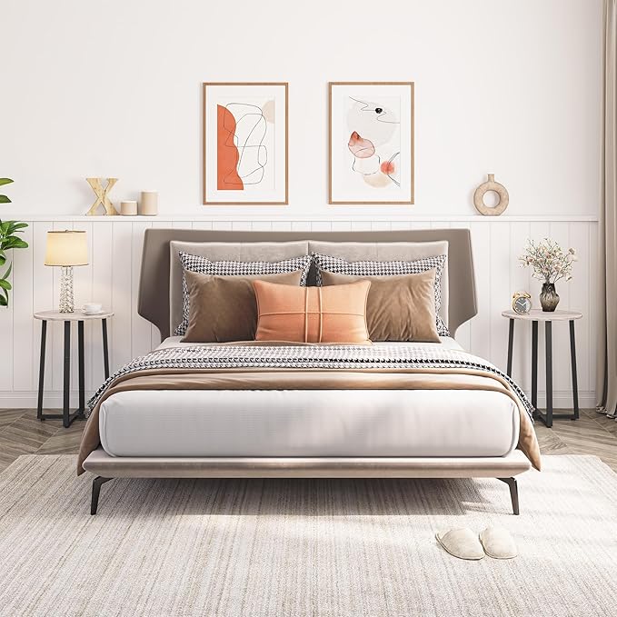 HOOBRO Side Table, Round Accent End Table with Sturdy Metal Pedestal, 15.7" Round Nightstand, for Living Room, Bedroom, Balcony, Office, Greige and Black BG95BZ01