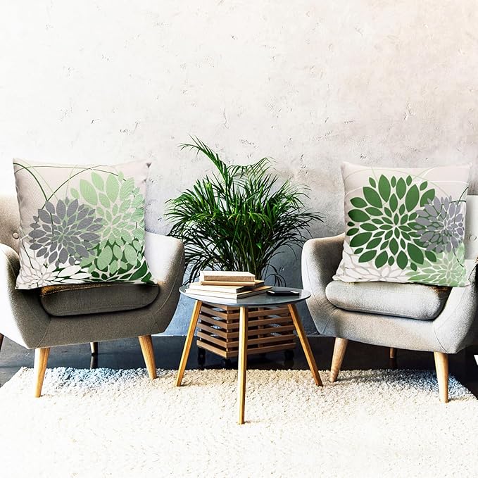 Sage Green Decorative Throw Pillow Covers 18x18 Inch Pillow Covers for Couch Living Room Bedroom Outdoor.Modern Sofa Throw Pillow Cover.Farmhouse Geometric Floral Linen Square Pillow Case.Set of 2