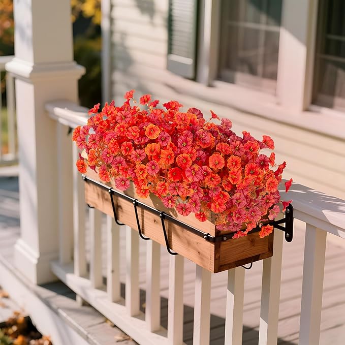 Fall Artificial Flowers for Decoration, 12 Bundles Fake Mums Autumn Flower Plants Petunias, Faux Silk Morning Glory Eucalyptus for Planter Garden Porch Front Door Window Box, Orange Red