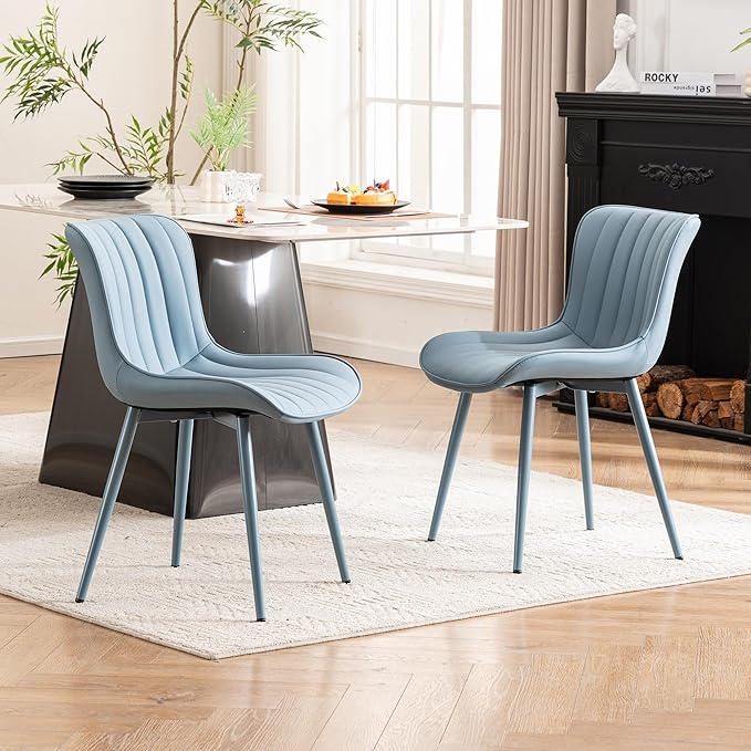 YOUNUOKE Mid-Century Modern Dining Chairs Set of 2, Blue PU Leather Upholstered Kitchen Chairs with Blue Metal Legs, Armless Accent Chair for Dining Room, Guest Reception Room
