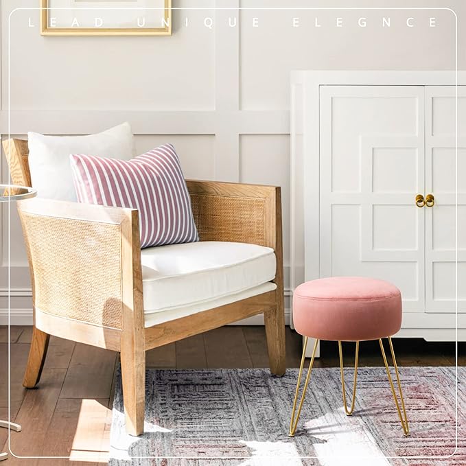 LUE BONA Vanity Stool, Pink Vanity Stools for Makeup Room, Round Ottoman Foot Stool, Velvet Footrest Vanity Chair for Bathroom Vanity, Bedroom, Living Room, Entryway, Offices