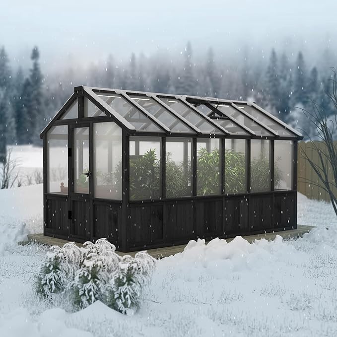 6x12 FT Greenhouse Kit for Outdoor, Thickened Polycarbonate Panel Wooden Walk-in Green House with Lockable Door and Adjustable Roof Vent, Backyard Garden, Black