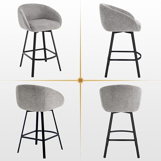 Zesthouse Swivel Counter Height Stools Set of 4, Modern Barrel Bar Stools for Kitchen Island, 26" Upholstered Kitchen Counter Height Barstools with Barrel Arms & Back, Grey Linen Fabric Bar Chairs