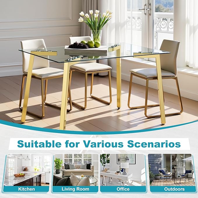 Dining Table for 6 Kitchen Table 51" Rectangular Modern Glass Dining Table Kitchen & Dining Room Tables with Glass Tabletop and Metal Legs for Dining Room and Kitchen, Gold