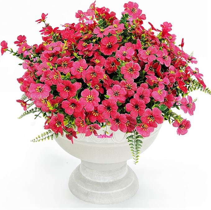 Artificial Faux Plants Flowers Outdoor Decoration,16 Bundles Fake Silk Colorful Daisy Eucalyptus Realistic UV Resistant for Outside Home Planter Porch Patio Yard Decor (Red)