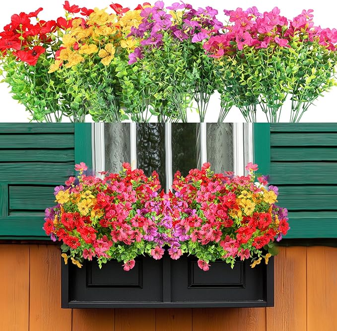 12 Bundles Artificial Flowers Faux Plants Flowers for Outdoor Spring Summer Decoration UV Resistant Artificial Plastic Plants Silk Flowers for Home Planter Porch Window Box Yard