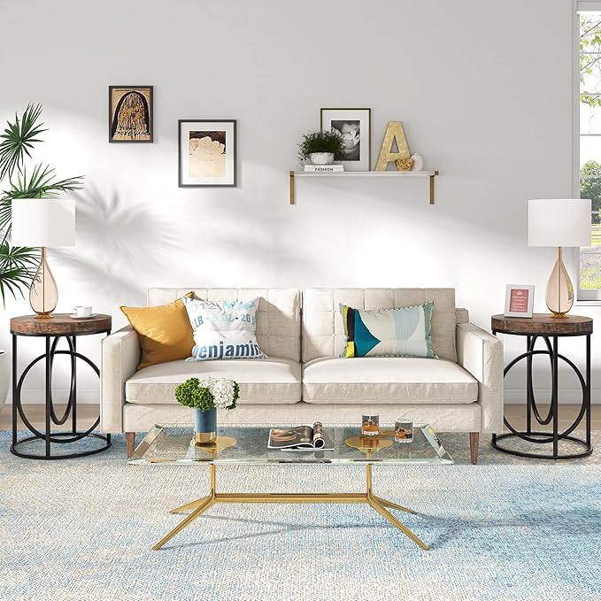 LITTLE TREE 20” Round End Table with Thick Wood Top,Modern Sofa Side Table with Gold O-Shaped Base, Midcentury Accent Table Cocktail Table Nightstand for Living Room Bedroom