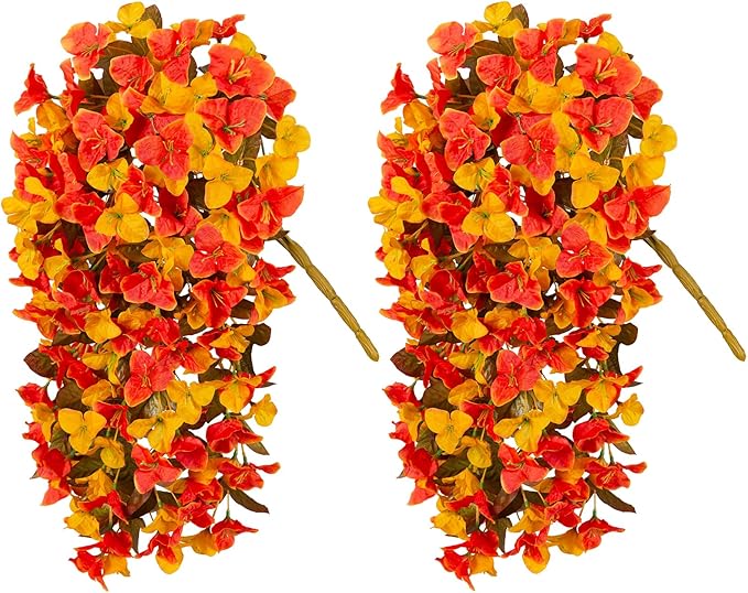 2 pcs Artificial Faux Bougainvillea Fall Flowers Plants for Outdoor Outside Decoration, Fake Silk UV Resistant Long Trailing Vines for Front Door Porch Planter Balcony Decor