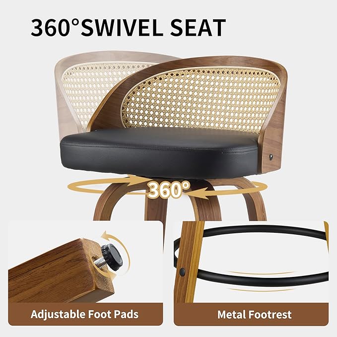 26 inch Swivel Bar Stools with Back, Set of 2 Mid-Century Modern Walnut Barstools, PU Leather Bar Chairs with Footrest for Kitchen Island, Dining, Home Bar - Black