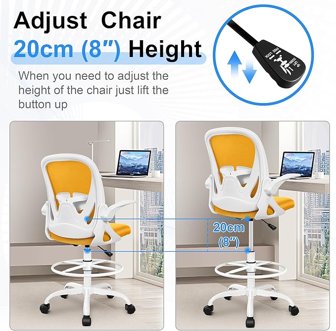 Primy Drafting Chair Tall Office Chair with Flip-up Armrests Executive Ergonomic Computer Standing Desk Chair with Lumbar Support and Adjustable Footrest Ring (Mustard)