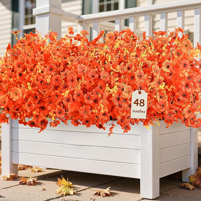 SHareconn 48 Bundles Artificial Fall Flowers for Outdoors Decoration, UV Resistant Silk Eucalyptus Lavender Faux Autumn Fake Plants for Outside Indoor Garden Yard Porch Home Decor, Sunset Red Orange
