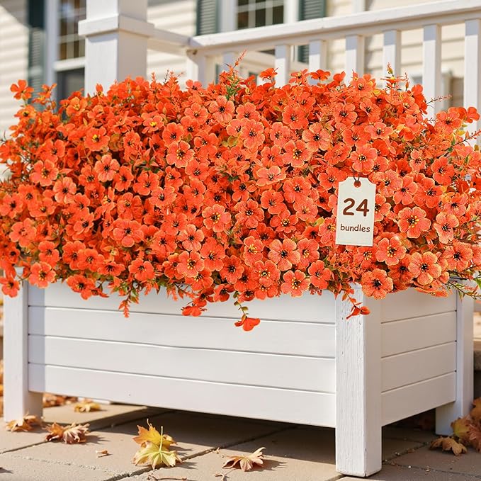 SHareconn 24 Bundles Artificial Fall Flowers for Outdoors Decoration, UV Resistant Silk Eucalyptus Lavender Faux Autumn Fake Plants for Outside Indoor Garden Yard Porch Home Decor, Autumn Colours