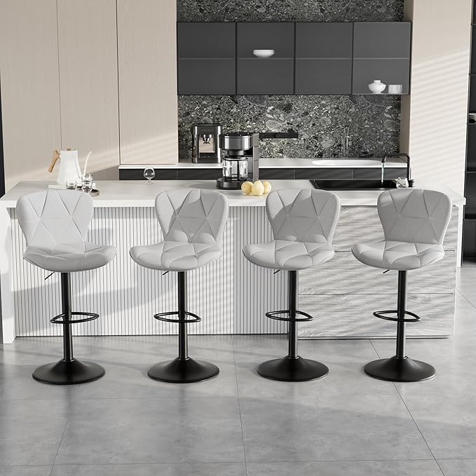 Bar Stools Set of 4,Adjustable Swivel Barstools, Faux Leather Bar Chairs,Upholstered Counter Height with High Backrest for Kitchen Island, Light Grey