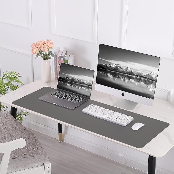 Leather Desk pad Protector, Large Desk mat with Natural Cork & PU Leather,Mouse pad,Non-Slip Office Desk Mat,Waterproof Desk Writing Pad for Office and Home (47in*23.7in,Dark Grey)