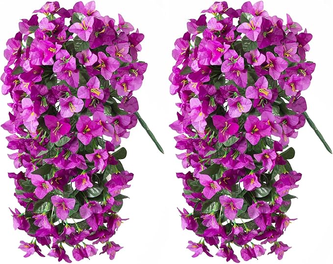 2 pcs Artificial Faux Bougainvillea Flowers Plants for Outdoor Outside Summer Decoration, Fake Silk UV Resistant Long Trailing Vines for Front Door Porch Planter Balcony (Double Lotus)