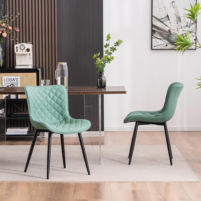 YOUTASTE Light Green Dining Chairs Set of 2 Mid Century Modern PU Leather Diamond Upholstered Accent Guest Dinner Chair with Back Metal Legs for Kitchen Living Reception Waiting Room