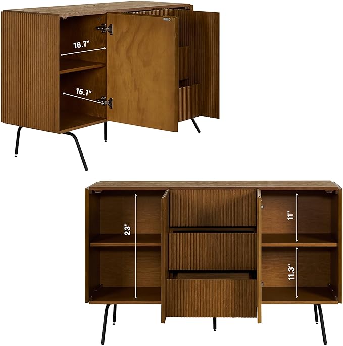 NTC Veil Sideboard with 2 Doors and 3 Drawers, Buffet Cabinet with Vertical Groove Design and Metal Legs, Storage Cabinet for Living Room, and Entryway, Effortless Assembly - Rustic Oak