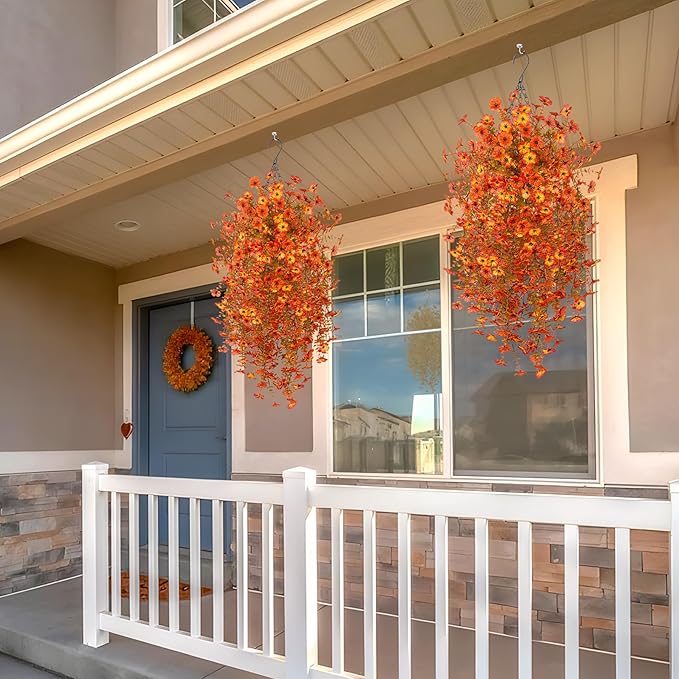 Fake Mums Artificial Fall Hanging Flowers for Outdoors Decoration 2 PCS Faux Mums for Outdoor Planters Fake Plants Look Real Daisy Flower No Fade Autumn Decor for Porch Home Patio Balcony and Yard