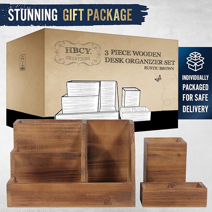 HBCY Creations 3 Piece Rustic Wooden Desk Organizer Set - Mail Organizer for Desktop - Great for Industrial Home Decor! Makeup Organizer for Vanity