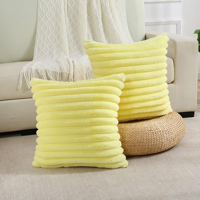 FUTEI Yellow Striped Decorative Throw Pillow Covers 14x14 Inch Set of 2,Square Fall Decorations Couch Pillow Case,Soft Cozy Faux Rabbit Fur & Velvet Back,Modern Home Decor for Bed