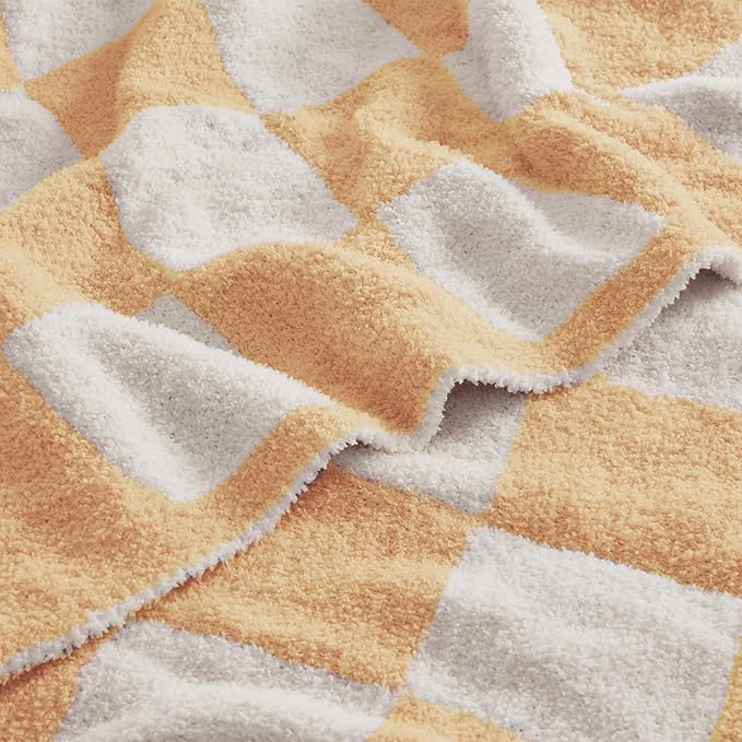 JOOJA Soft Cozy Checkerboard Peach Blanket Fluffy Knit Throw for Couch Plaid Checkered Blanket Peach 50x60 in