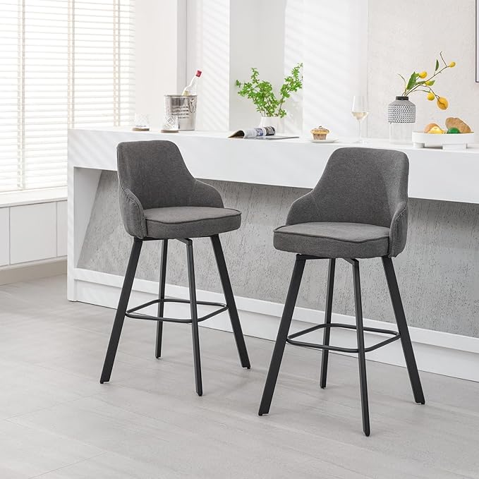 Bar Stools Set of 4, 30" Swivel Bar Height Bar Stool with High Back, Linen Kitchen Barstools Bar Height for Kitchen Island (Dark Grey, 4PCS 30" Bar Stools)