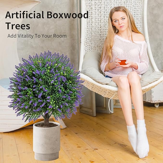 Artificial Lavender Topiany Ball Trees Set of 2,17” Resistant Fake Evergreen Shrubs with Ground SpilRealistic Outdoor Indoor Plants for Garden Porch Maintenance-Free Potted