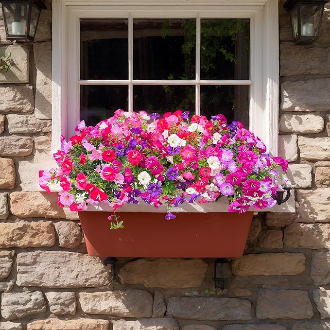 7 Color Mix Artificial Flowers for Outdoor, Fake Flowers Faux Plants for Outside Indoor, Summer Decor Morning Glory Petunia UV Resistant, for Garden Porch Window Box Home Planters (Pink Purlpe)