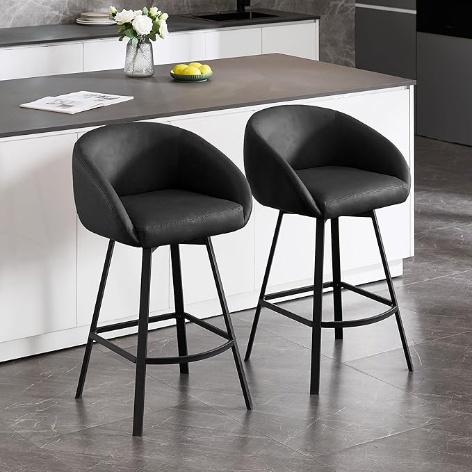 Zesthouse Swivel Counter Height Stools Set of 4, Modern Barrel Bar Stools for Kitchen Island, 26" Upholstered Kitchen Counter Height Barstools with Barrel Arms & Back, Black Faux Leather Bar Chairs