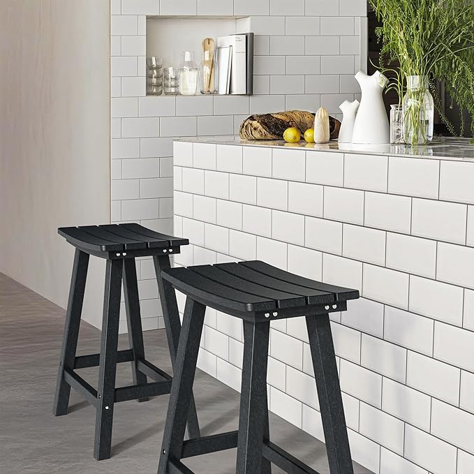 nalone 24 Inch Outdoor Bar Stool, HDPE Bar Chairs with Footrest, Weather Resistant Waterproof Bar Stools Outside Bar Height Stools for Bar, Kitchen Counter, Yard, Balcony(Black, 24'' Barstools)