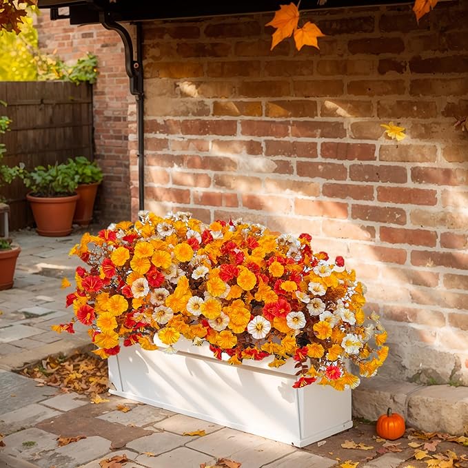8PCS Artificial Fall Hanging Flowers for Outdoor, Fake Silk Petunias Plants, Fake Mums, Fall Outdoor Decoration, UV Resistant, Morning Glorias, for Home Garden Porch Decor (Early Harvest)