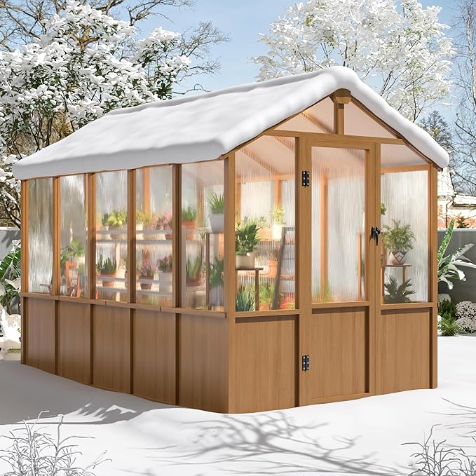 Wooden Greenhouse 6x10 FT, Walk-in Greenhouse for Outdoors with 6MM Thick Polycarbonate Panel and Adjustable Roof Vents, Garden Backyard, Wood Colour