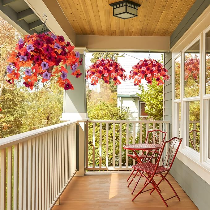 Fake Fall Flowers for Outdoors Decor 2PCS Artificial Flowers Fake Faux Silk Petunias Fall Fake Plants, UV Resistant Flower for Garden Porch Patio Balcony Realistic Autumn Decoration(Burgundy Purple)