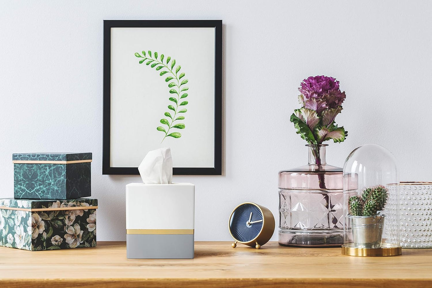 Essentra Home Day and Night Collection Square Tissue Box, White and Grey with Gold Stripe