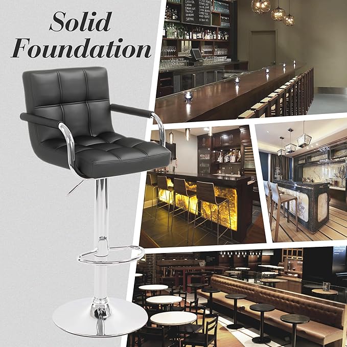 Modern PU Leather Bar Stools Set of 6, Adjustable Swivel Square Bar Chairs, Counter Height Barstools with Arms and Large Base for Island/Kitchen(Black)