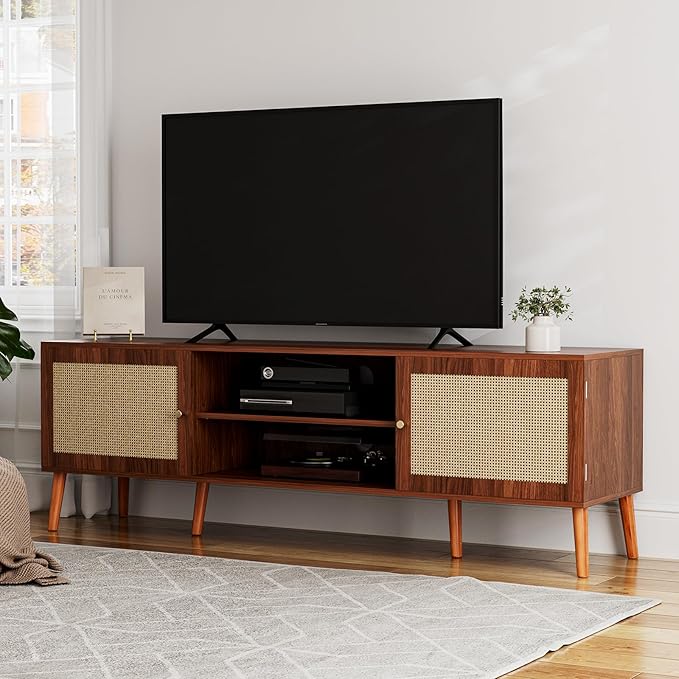 TV Stand for TVs up to 65'', Entertainment Center With Rattan Door, Shelves & 2 Cabinets, Long Boho Media Console for Living Room, Walnut