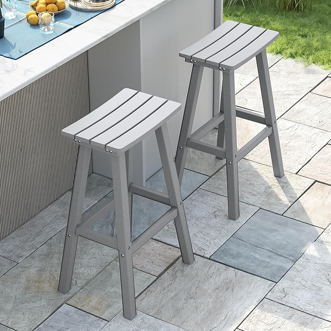 nalone 29 Inch Outdoor Bar Stools Set of 2, HDPE Bar Chairs with Footrest, Weather Resistant Barstools Outside Counter Height Stools for Yard, Balcony (Grey, 29'' Barstools Set of 2)