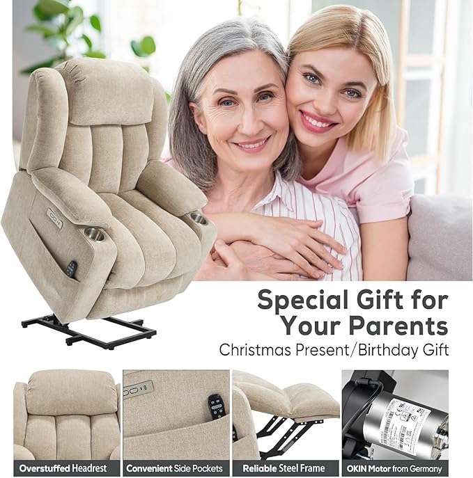 Power Lift Recliner Chair, 350lb Capacity with 8-Point Massage & Heating, USB/Type-C Ports & Cup Holders, Heavy Duty Chenille Recliner for Elderly, Beige