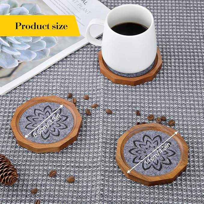 Wood Coasters for Drinks Absorbent with Lip, 4.3 Inch Acacia Wood Grey Felt Coaster with Holder for Wooden Coffee Table for Cups, Mugs, and Glasses - Set of 6