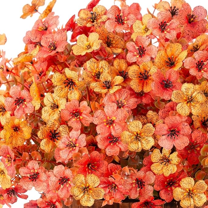 Artificial Fall Flowers Fake Mums for Outdoor Autumn Decoration, 12 Bundles Faux Silk Orange Yellow Mums Daisy Look Real UV Resistant for Outside Home Porch Patio Planter