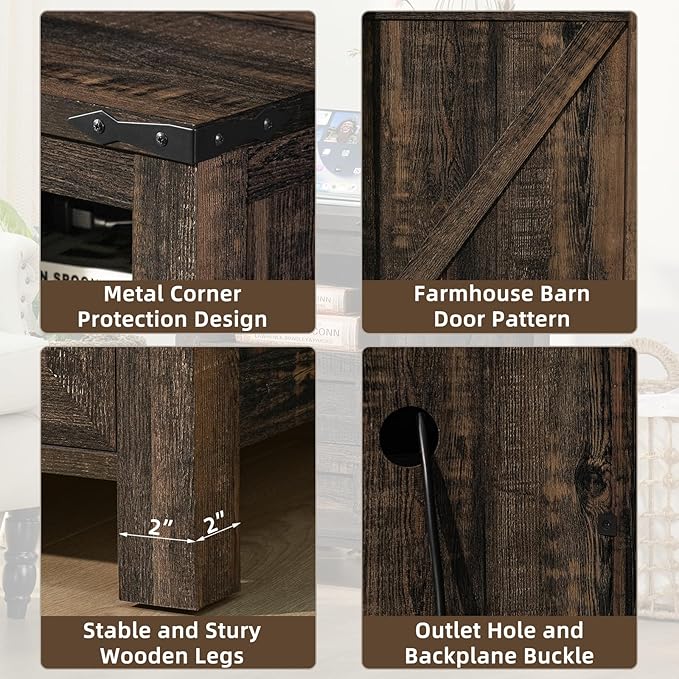 Nightstand with Charging Station and USB Port, Farmhouse Side End Table with 2 Drawers and Shelf Storage, Wooden Sofa Table, Bedside Cabinet for Bedroom, Living Room, Closet, Office (Dark Oak)