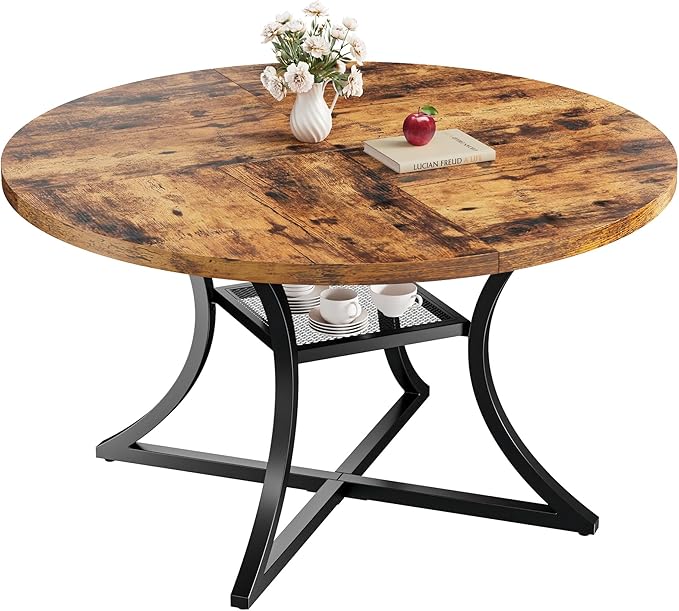 IRONCK 47.2" Round Dining Table for 4, Wood Kitchen Table with Storage Shelf for Dining Room, Dinner Table with Wooden Tabletop and Metal Base, Rustic Brown