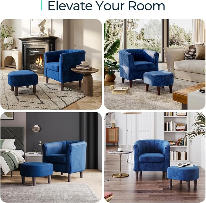 LINSY Accent Chair with Ottoman, Modern Barrel Chair Small Armchair Reading Chair with Footrest, Comfy Round Arms Chair for Living Room Bedroom Reading Room, Velvet, Blue