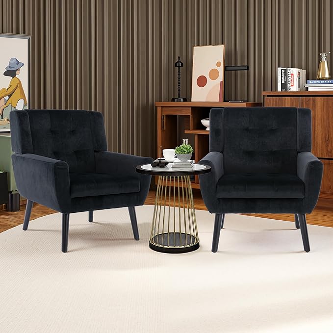 NicBex Accent Chair Set of 2, Modern Chair for Living Room Upholstered Foam Filled Living Room Chairs with Metal Legs Velvet Cozy Lounge Armchair for Living Room Bedroom,Black