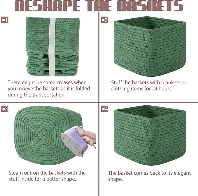 OIAHOMY 9”x9”x7” Storage Cubes, Cotton Rope Woven Baskets for Organizing, Cube Storage Bin, Small Gift Basket for Shelf, 3-Pack, Green